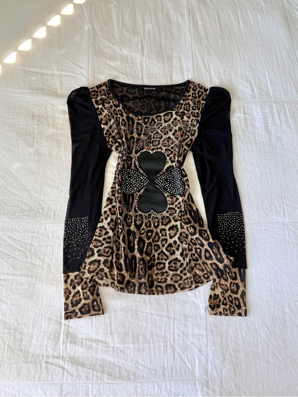 Y2K Mcbling Exotik Leopard Print Rhinestone Clover Mesh Longsleeve Top Size M